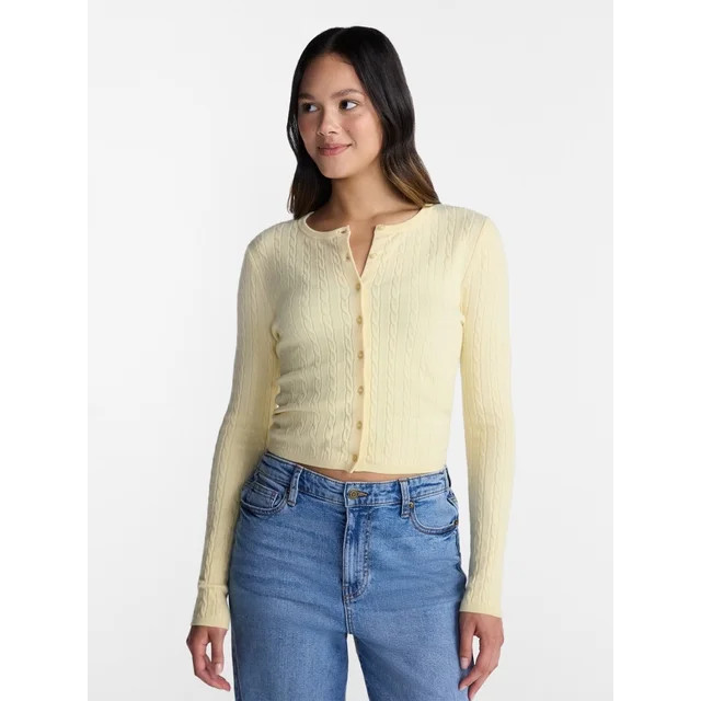 No Boundaries Cable Knit Crewneck Cardigan, Women's XXS-4X | Walmart (US)