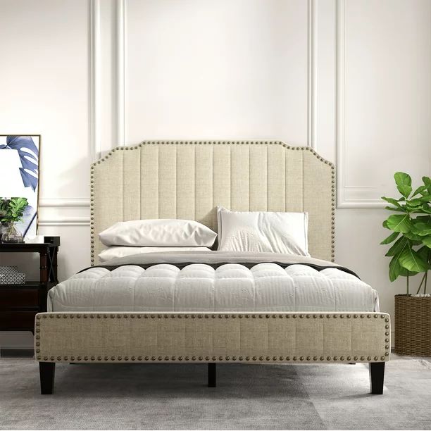 Full Bed Frame No Box Spring Needed, Upholstered Platform Bed Frame with Nailhead Trim Headboard ... | Walmart (US)
