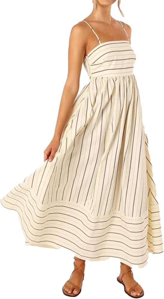 ABYOVRT Women Striped Maxi Dress Sleeveless Backless Cutout Smocked Sundress Spaghetti Straps Boh... | Amazon (US)