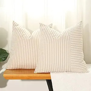 Hckot Khaki and Beige Patchwork Farmhouse Throw Pillow Covers 20 x 20 Inch, Pack of 2 Striped L... | Amazon (US)