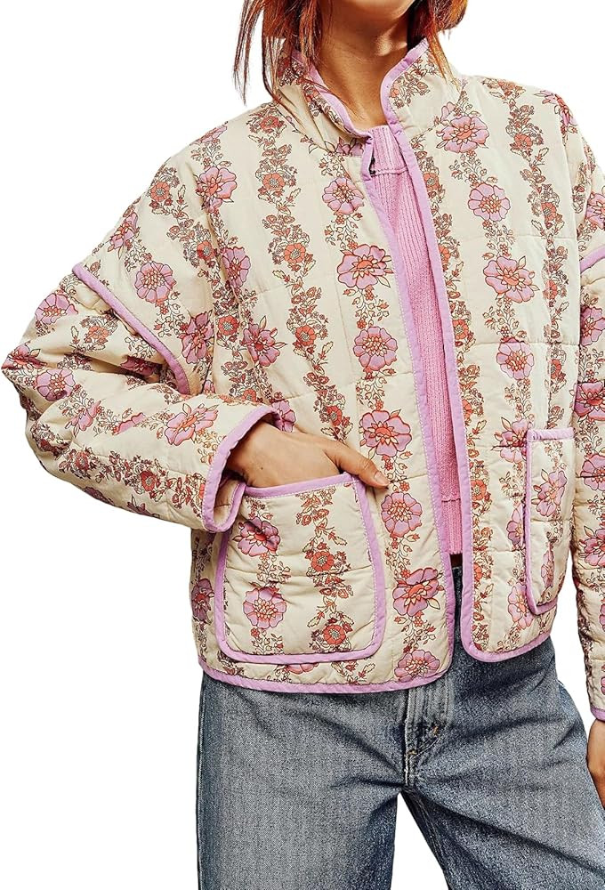 ROJZR Womens Floral Quilted Cropped Puffer Jacket Lightweight Long Sleeve Padded Winter Warm Outw... | Amazon (US)