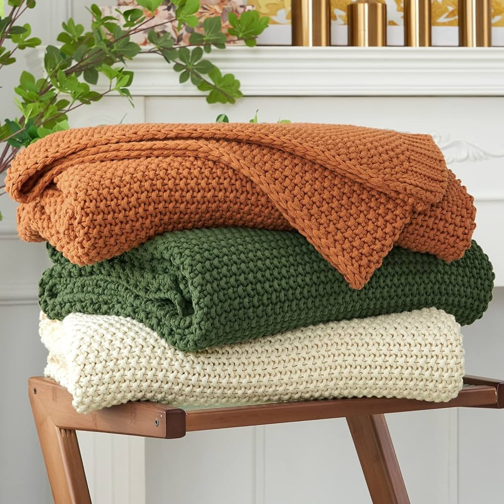 Longhui bedding Chunky Cable Knit Throw Blanket Lightweight Olive Green 100% Organic Cotton Blank... | Amazon (US)