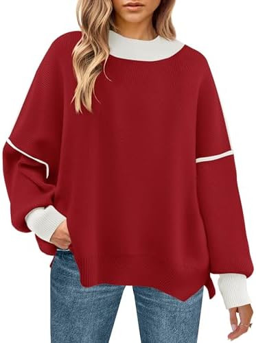 ZESICA Women's Fall 2025 Oversized Sweaters Long Sleeve Color Block Mock Neck Side Slit Comfy Loo... | Amazon (US)
