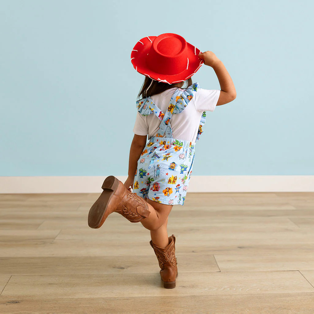 Character Blue Criss-cross Disney Toy Story Time French Terry Short Overalls | Posh Peanut\u00ae | Posh Peanut