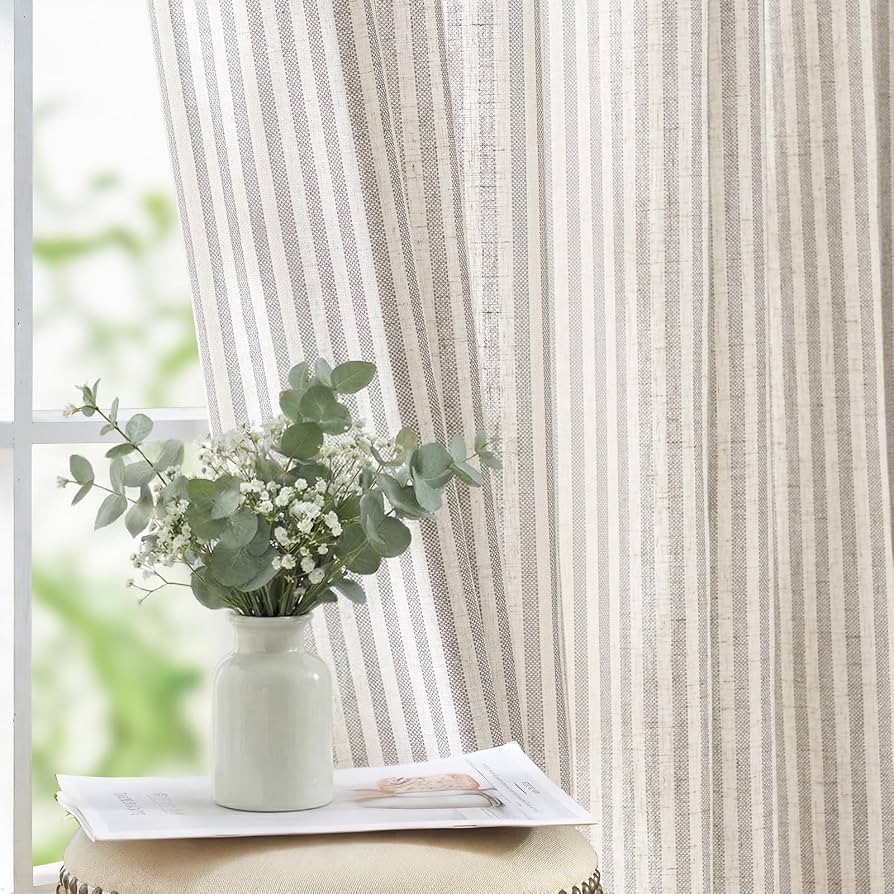 jinchan Linen Curtains 84 Inch Taupe Grey Stripe on Beige Grommet 2 Panels | Amazon (US)