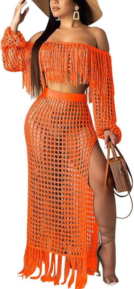 ECHOINE Women Sexy Two Piece Skirt Set - Tassel Hollow Out Off Shoulder High Split Cover Up Bikin... | Amazon (US)