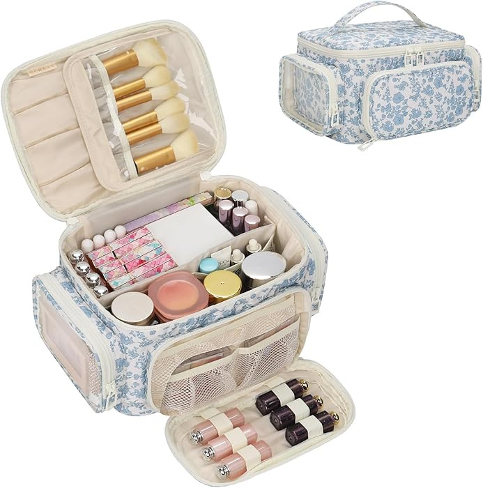 Makeup Bag with Multi-Pockets,Travel Cosmetic Bag with 2 Transparent Side Pockets for Easy Small ... | Amazon (US)