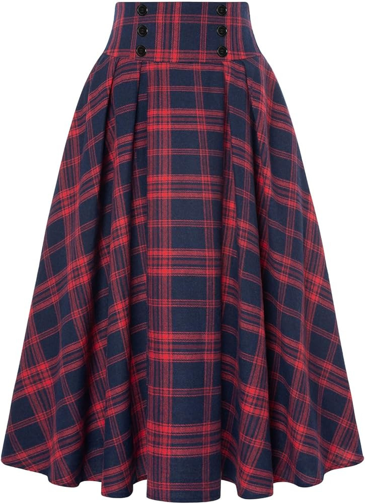 Belle Poque Plaid Skirts for Women High Waisted Midi Skirt A-line Pleated Fall Skirts 2025 | Amazon (US)