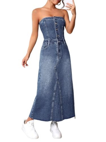 utcoco Denim Dress for Women Sexy Strapless Denim Tube Tops Back Smocked Jean Dresses for Women 2025 (X-Small, Medium Blue) | Amazon (US)