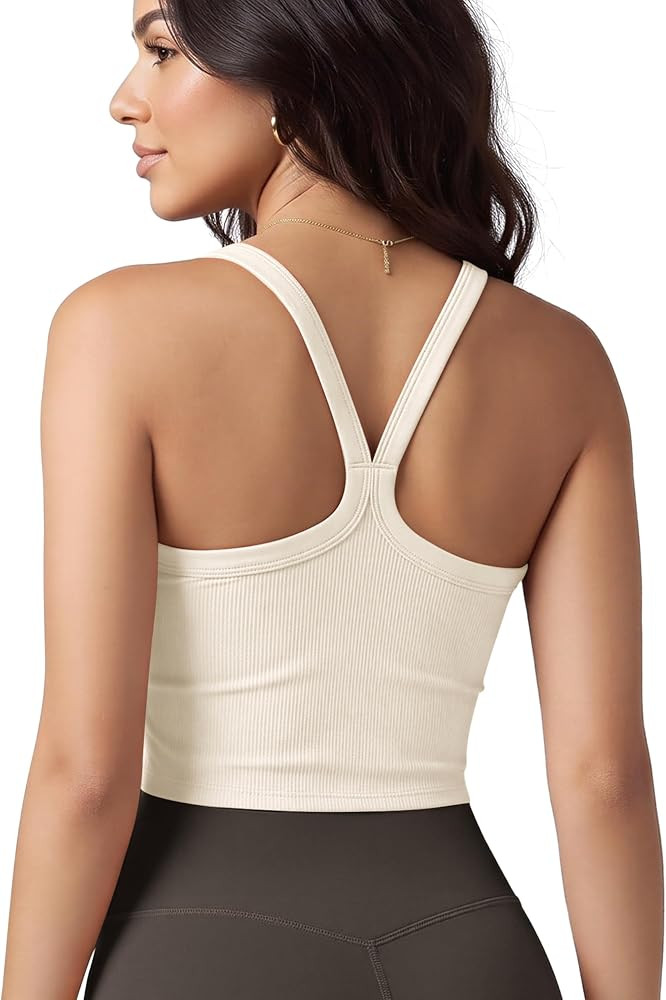 ODODOS Women's Seamless Crop Cami Wide Scoop Neck Ribbed Soft Open Racerback Cropped Tank | Amazon (US)