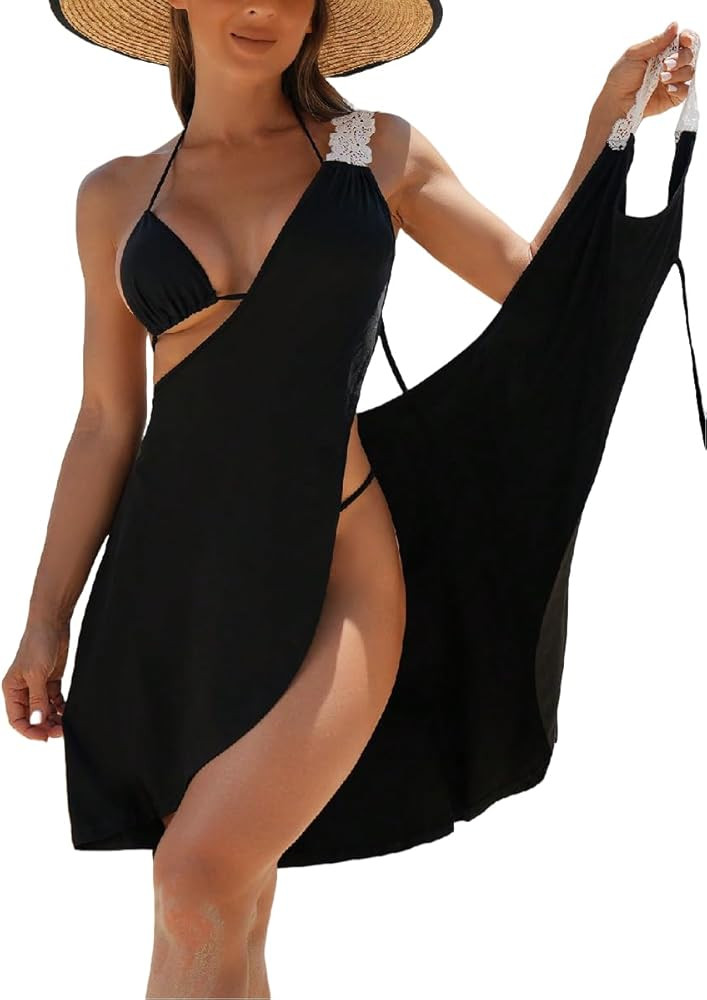 WDIRARA Women's Swimwear Wrap V Neck Criss Cross Tie Backless Cover Up Contrast Lace Sleeveless H... | Amazon (US)