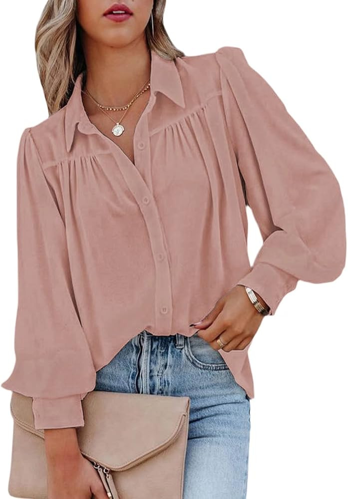 Astylish Womens Long Sleeve Button Down Shirt Casual Solid Color V Neck Blouse Tops | Amazon (US)