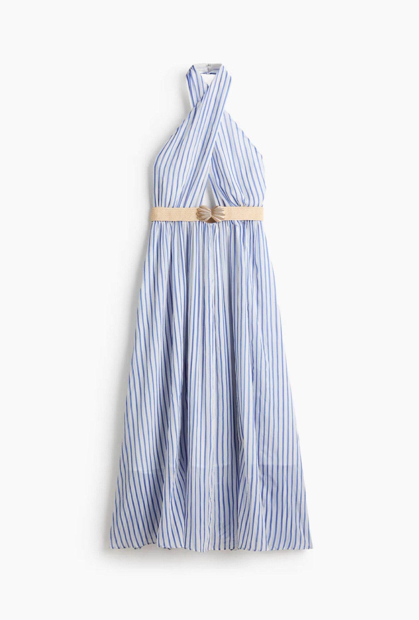Blue and white striped halter neck maxi dress with raffia seashell belt 

#LTKSeasonal