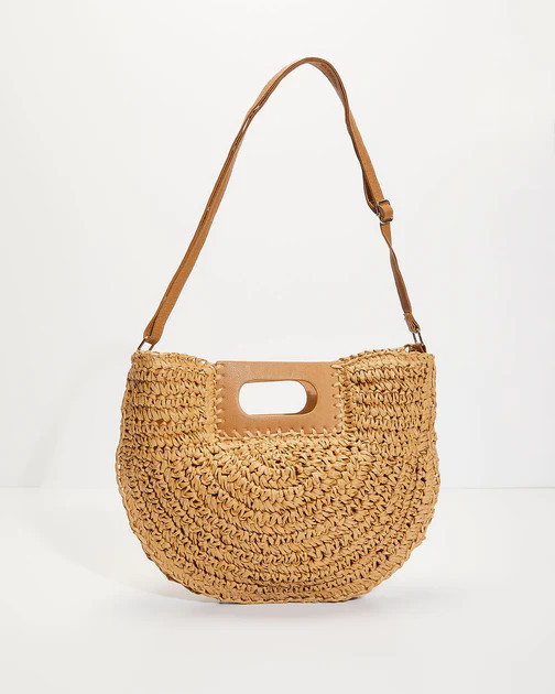 Taika Half Moon Straw Woven Bag - Khaki | VICI