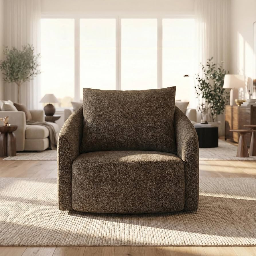 Round Swivel Accent Chair, Brown Boucle Fabric Upholstered, 40.5" x 34" x 33", 250 lb Capacity, S... | Amazon (US)