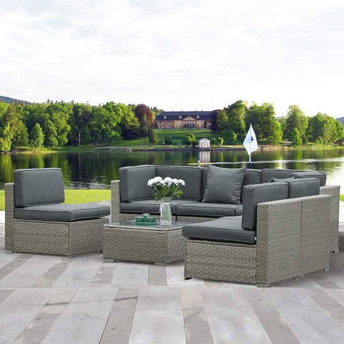 LUCKWIND Patio Conversation Sectional Sofa Chair Table - 7 Pieces All-Weather Grey Wicker Rattan ... | Amazon (US)