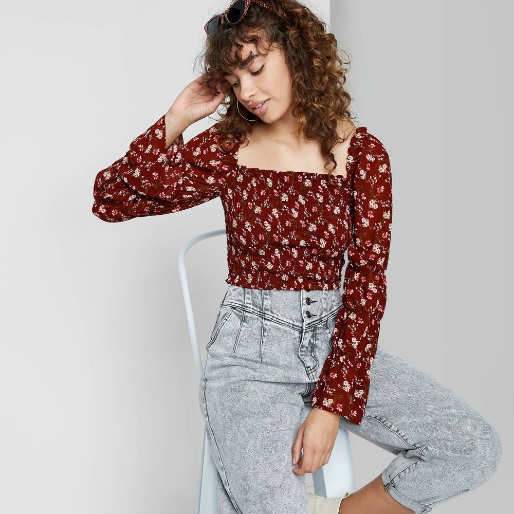 Women's Floral Print Puff Long Sleeve Smocked Milkmaid Top - Wild Fable Burgundy XL, Red | Target