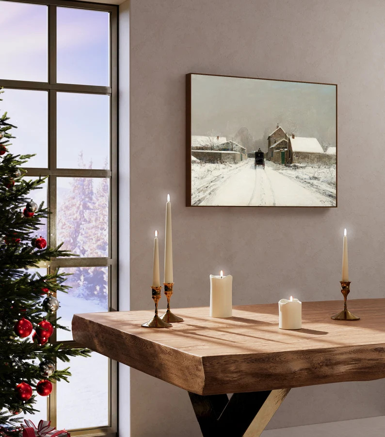 Neutral Antique Winter Painting Vintage Landscape Art - Etsy | Etsy (US)