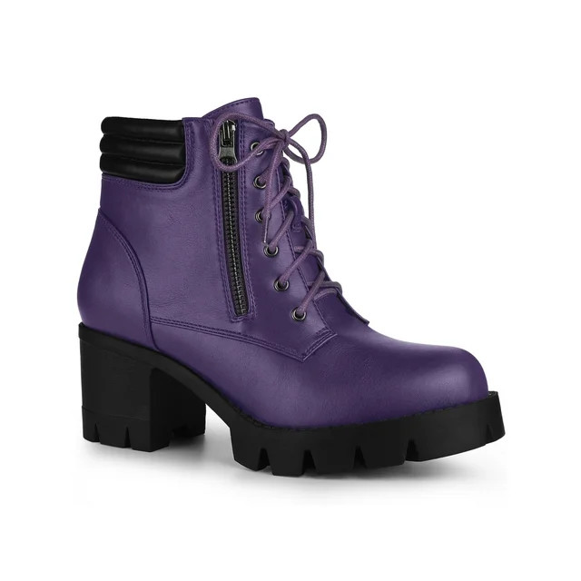 BLISSFUL STEP Women's Rounded Toe Side Zip Combat Block Heel Ankle Boots Purple 8 | Walmart (US)