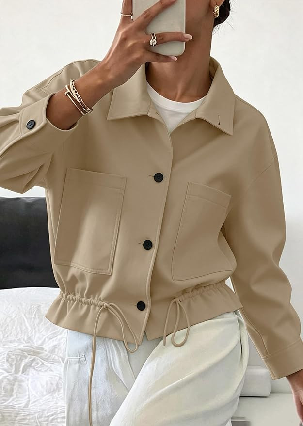 Womens Funnel Neck Jackets Fall Casual Ruffle Hem Cropped Coats | Amazon (US)