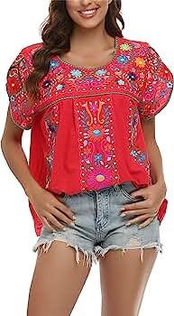 YZXDORWJ Women's Summer Boho Embroidery Mexican Bohemian Tops Shirt Tunic | Amazon (US)