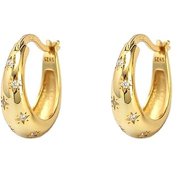 925 Sterling Silver CZ Star Chunky Small Hoop Earrings for Women Teen Sensitive Ear Dainty 14K Go... | Amazon (US)