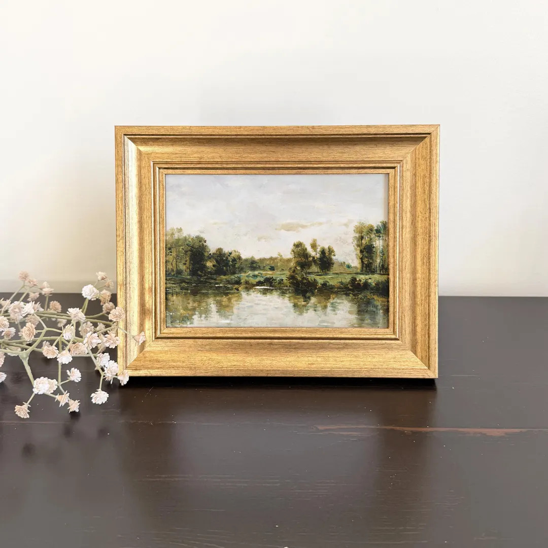 Small Framed Landscape Pond Painting, 5x7 Gold Framed Print, Earth Tone Art - Etsy | Etsy (Global)