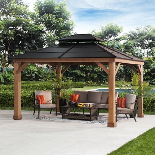 Sunjoy Hardtop Gazebo 11’ x 13’ Outdoor Cedar Framed Wood Gazebo with Black Double Steel Hard... | Amazon (US)