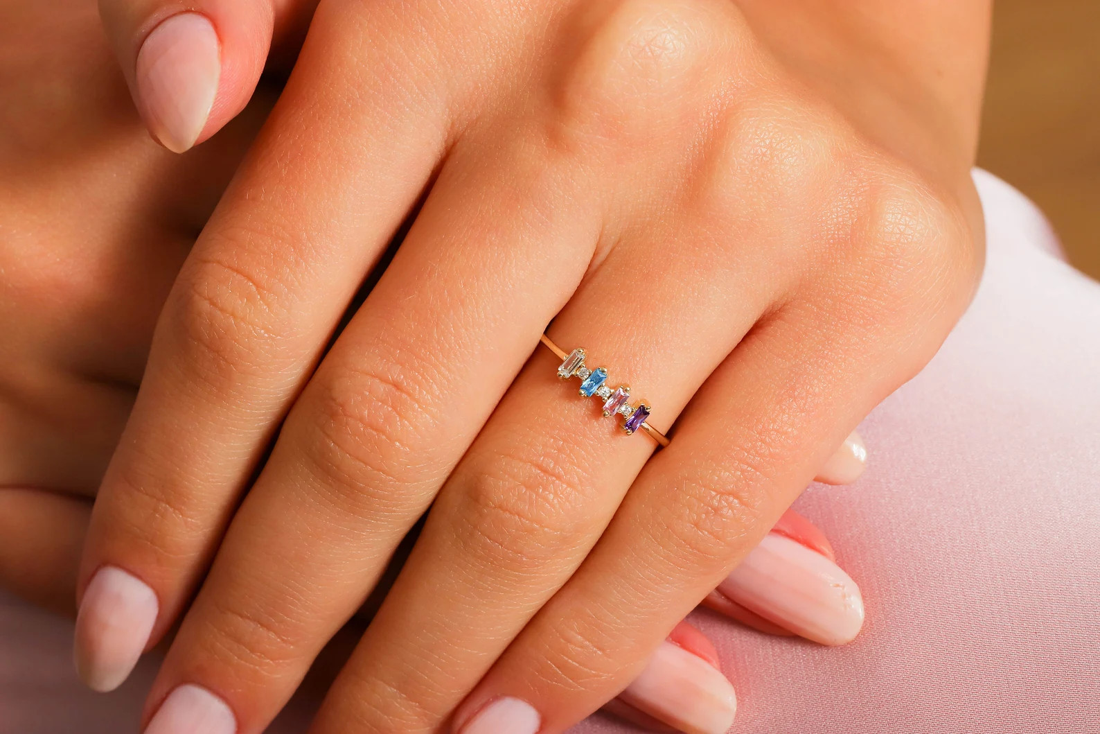 Baguette Family Birthstone Ring Mother, 10K 14K 18K Gold Personalized Mini Birthmonth Ring, Multi... | Etsy (US)