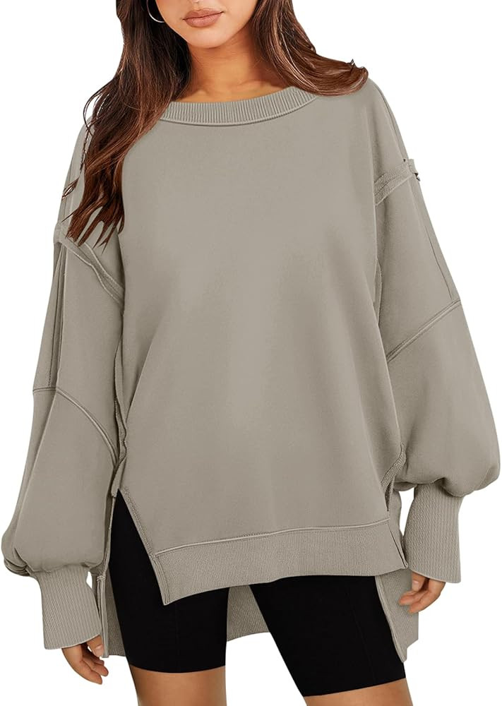 Women's Oversized Sweatshirt Crewneck Long Sleeve Side Slit Casual Loose Slouchy Pullover Top | Amazon (US)