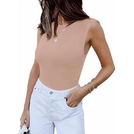 LACOZY Women Sleeveless Pads Shoulder Bodycon Bodysuits Crew Neck Tank Tops Muscle Tees Shirts Pink  | Walmart (US)