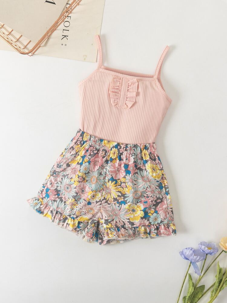 Toddler Girls Frill Trim Cami Top & Floral Print Ruffle Hem Shorts | SHEIN