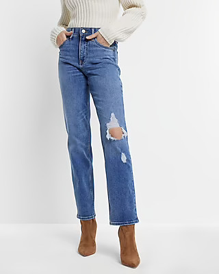 High Waisted Medium Wash Ripped Modern Straight Jeans | Express