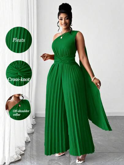 Maweii Women's Plus Size Solid Color Elegant Fabric Pleated Asymmetrical One Shoulder Design ... | SHEIN