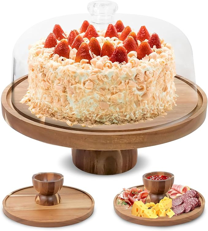 Acacia Wood Cake Stand with Lid - 12in Cake Stand with Dome,2 in 1 Charcuterie Board for Cheese, ... | Amazon (US)