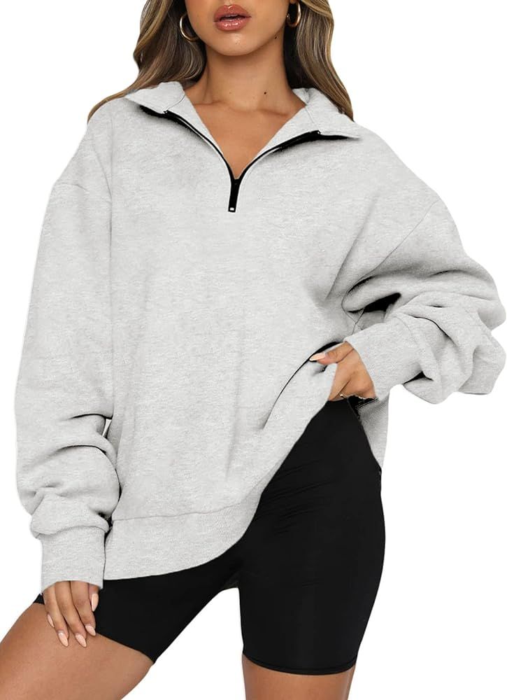 BLENCOT Women Half Zip Oversized Sweatshirts Long Sleeve Solid Color Drop Shoulder Fleece Workout Pu | Amazon (US)