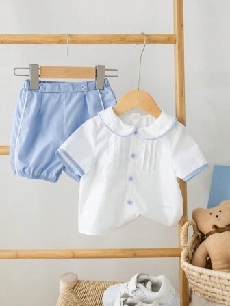 SHEIN Baby Boy British Style Handsome Color Block Doll Collar Short-Sleeved Cardigan With Shorts ... | SHEIN