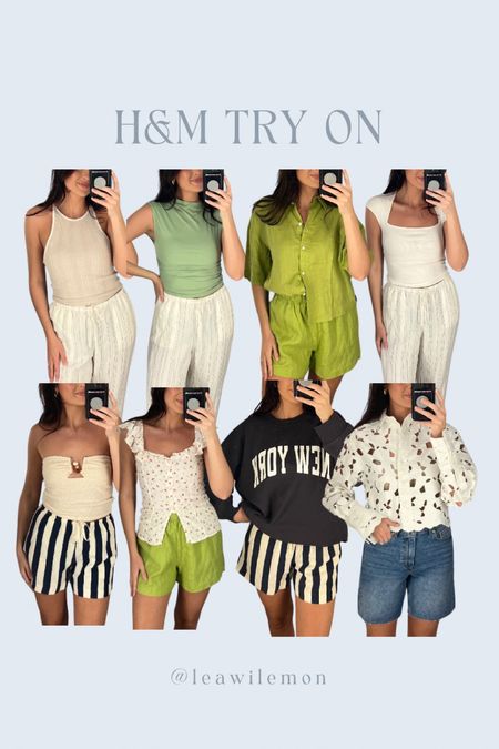 Lace Top: XS ; Denim Shorts: US6 ; Cream Beaded Top: S ; Striped Shorts: S ; Floral Frill Top: XS ; NY Sweatshirt: M ; Green Set: S bottoms, S top ; White square neck: S ; Cream halter : S ; Green high neck top: S