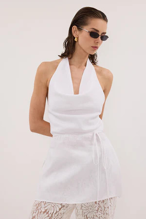 HAYLEE WHITE SLEEVELESS LINEN COWL TOP | DISSH