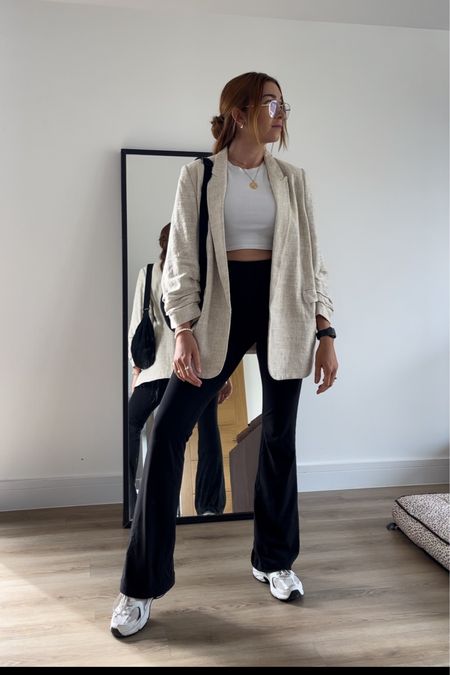 The perfect everyday ootd.
Beige oversized blazer
Flared leggings
White vest


#LTKU #LTKSeasonal #LTKFind