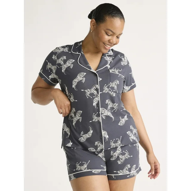 Joyspun Women’s Dreamy Soft Collection Short Sleeve Knit Notch Collar Top and Shorts Pajama Set... | Walmart (US)