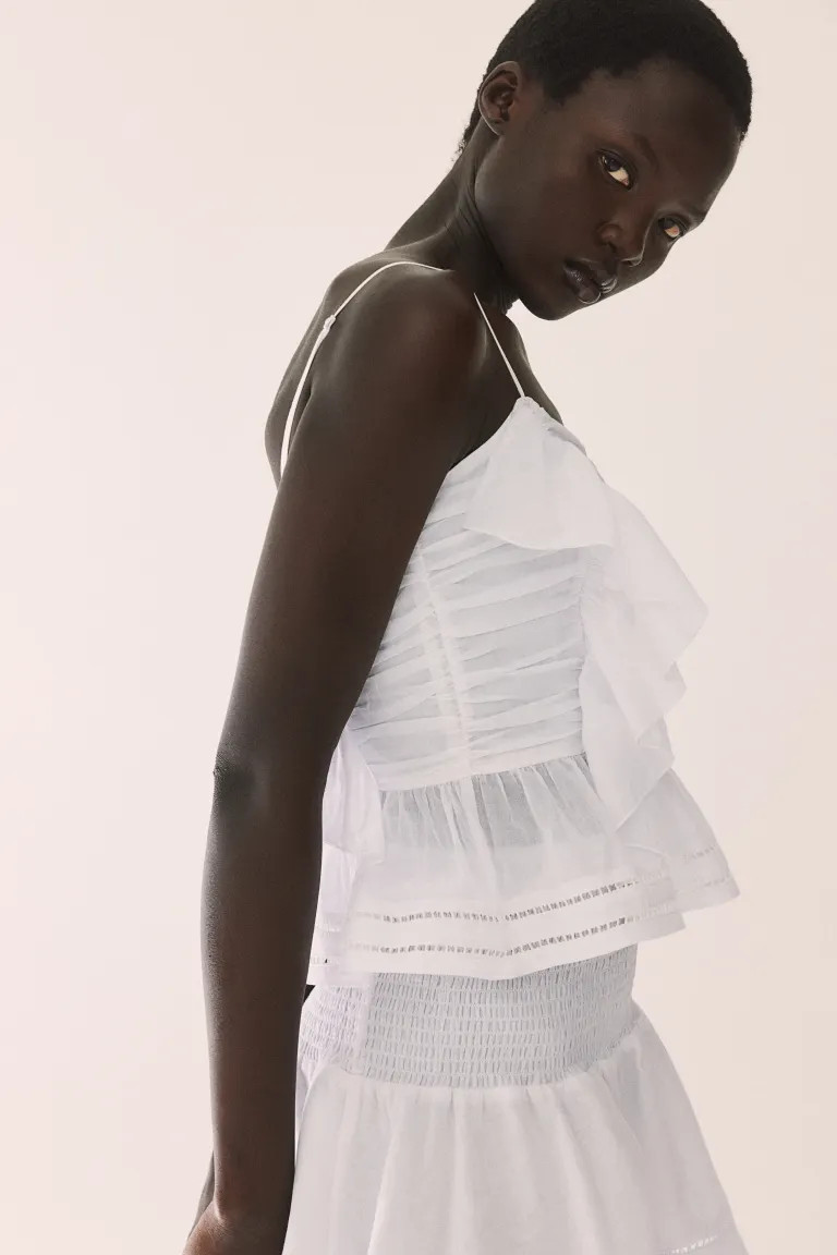 Ruffle-trimmed Camisole Top - Sweetheart Neckline - Sleeveless - White - Ladies | H&M US | H&M (US + CA)