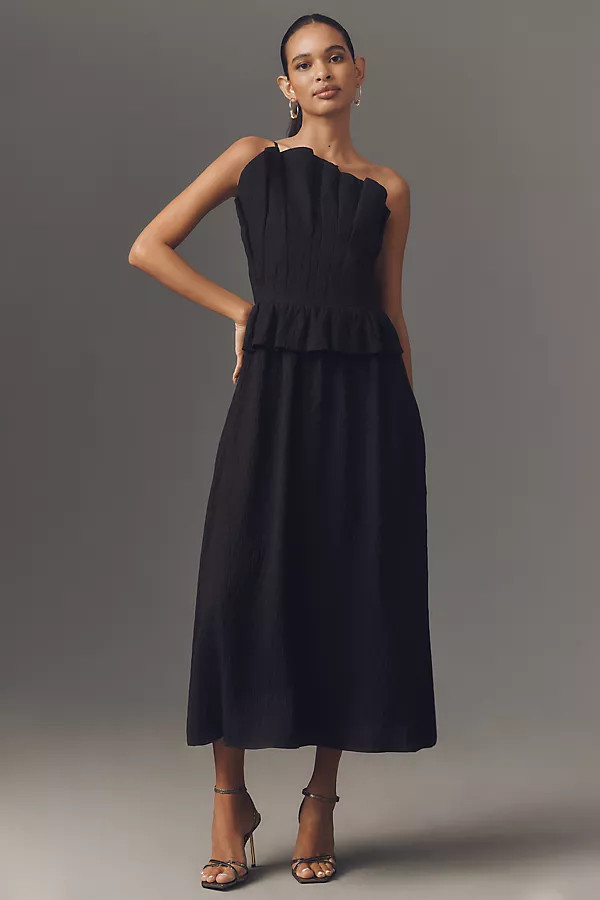 English Factory One-Shoulder Peplum Midi Dress | Anthropologie (US)