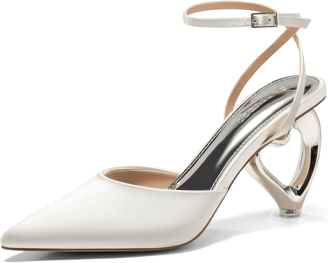Coutgo Womens Kitten Heels Closed Pointed Toe Heart Heel Ankle Strap Satin Pumps Wedding Prom Dre... | Amazon (US)