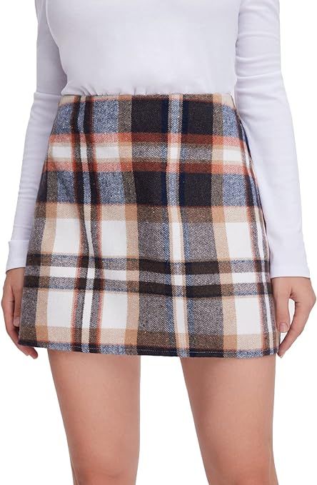 Amazon.com: MakeMeChic Women's Plaid Skirt Wool High Waist Bodycon Pencil Mini Skirt D Beige red ... | Amazon (US)