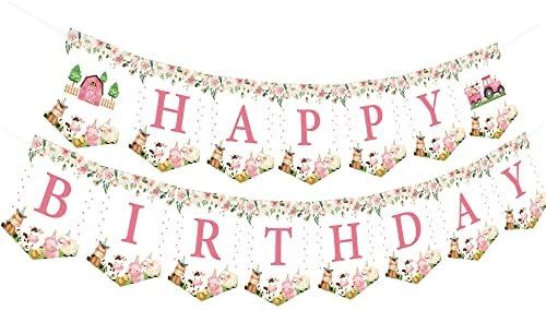 Pink Farm Birthday Banner for Girl Farm Animal Happy Birthday Banner With Cows, Tractors, Barnyard , | Amazon (US)