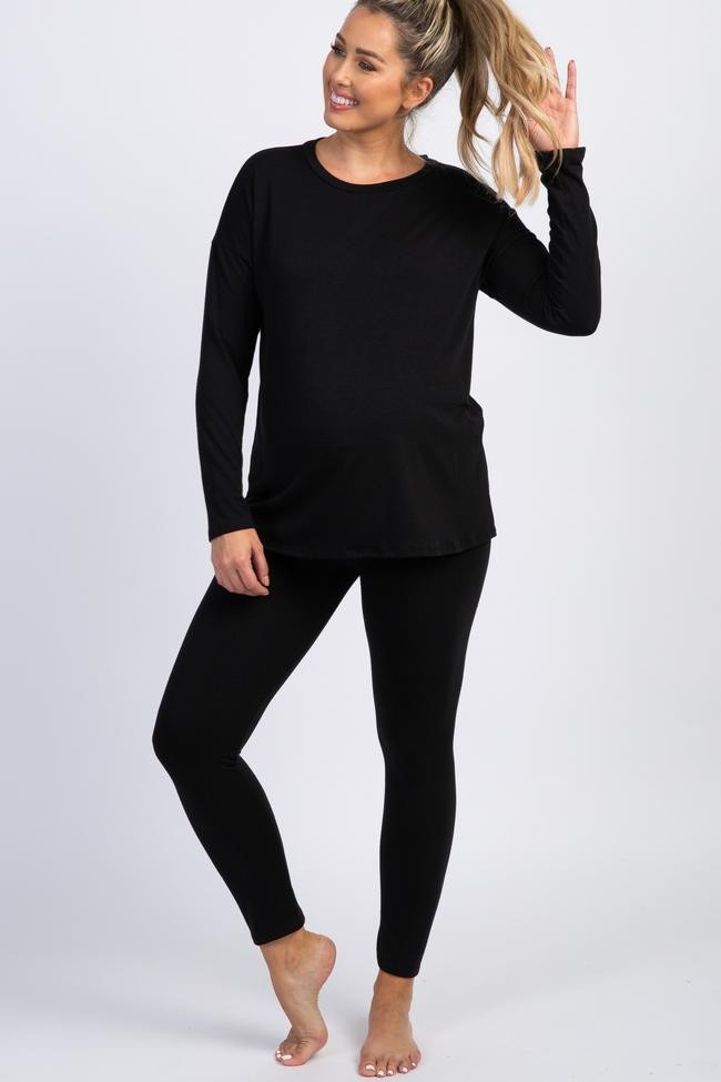 PinkBlush Black Basic Long Sleeve Maternity Pajama Set | PinkBlush Maternity