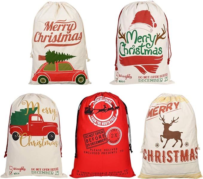 27.5x19.7"Drawstring Santa Sacks Christmas Gift Bag, 5 Pack Reusable Extra Large Drawstring Xmas ... | Amazon (US)