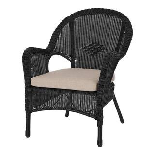 Rosemont Stackable Black Steel Wicker Outdoor Patio Lounge Chair with Putty Tan Cushion | The Home Depot