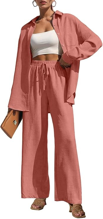Lepunuo 2 Piece Outfits for Women Casual Lounge Sets Long Sleeve Button Down Shirts and Wide Leg ... | Amazon (US)